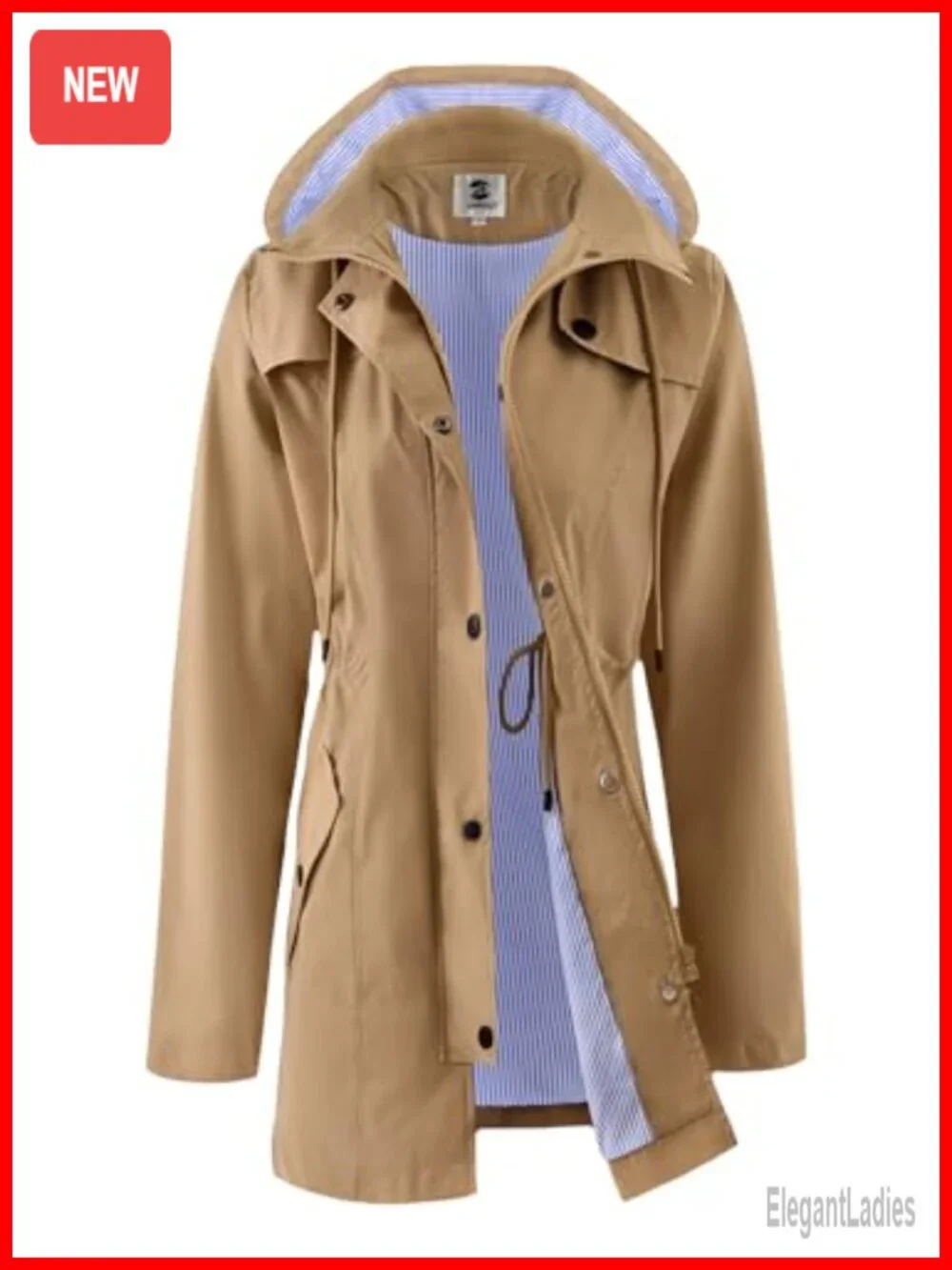 Women's Waterproof Rain Jacket Long Hooded Windbreaker Lightweight Snap Pockets
